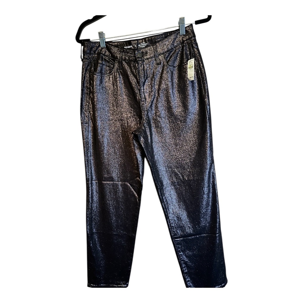Old Navy High Rise OG Straight Black Glitter Pants Size 6 Womens Trousers